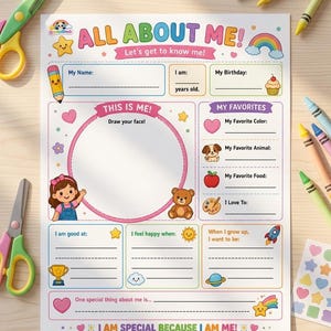 May include: A colorful All About Me activity sheet featuring sections for personal details, a drawing space, and favorite things. The page includes illustrations of a pencil, rainbow, cupcake, puppy, apple, teddy bear, and rocket on a white background.