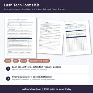 Lash Tech Forms Kit | Editable Eyelash Extension Consent Form, Lash Intake, Lash Map, Policies + Pricing Calculator and Client Tracker