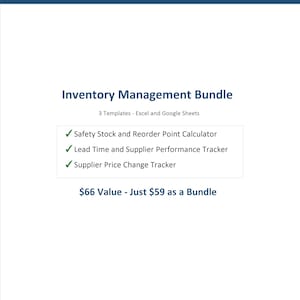 Pode incluir: Pacote de gestão de inventário com 3 modelos para Excel e Google Sheets. Inclui uma calculadora de stock de segurança e ponto de encomenda, um rastreador de prazos e desempenho de fornecedores, e um rastreador de alterações de preços.