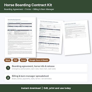 Puede incluir: Un kit de contrato de pupilaje equino que incluye acuerdo de pupilaje, información del caballo y autorización de emergencia, además de exención de responsabilidad y normas de establo. Formatos Word, PDF, Excel y Google Docs & Sheets.