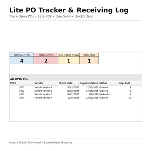 May include: A digital spreadsheet template titled "Lite PO Tracker & Receiving Log." The document displays open, late, and due soon purchase orders. It includes a table with PO numbers, vendors, order dates, expected dates, and status.