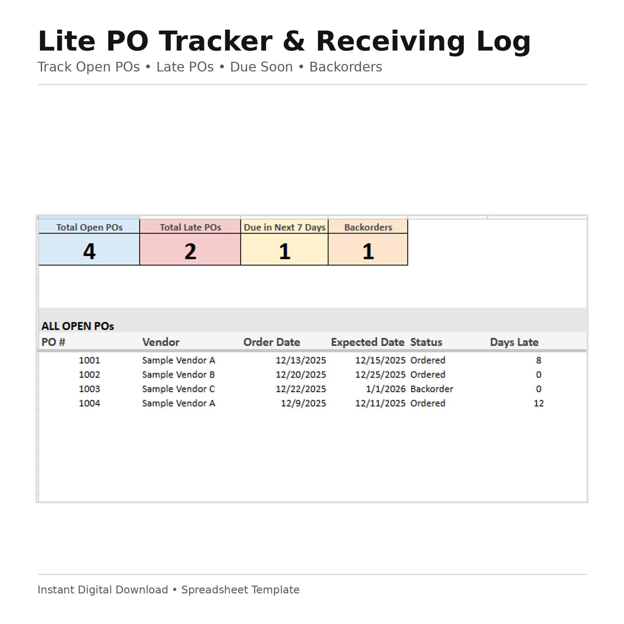 Po Tracker Example Lite Purchase Order Tracker & Receiving Log (google Sheets / Excel ...