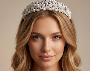 Luxury Pearl Crystal Bridal Tiara, Swarovski Zircon Wedding Crown, Silver Hair Accessories for Bride