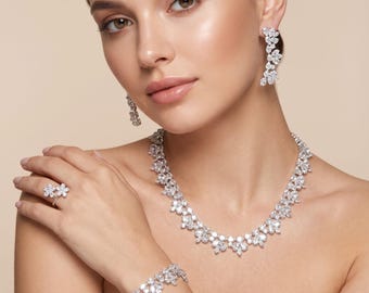 Romantic Zirconia Bridal Jewelry Set, Crystal Wedding Necklace Earrings Bracelet Ring, Floral Silver  Bride Set