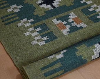 Kilim Runner Rug - Handwoven Olive Green Geometric Southwestern Runner, Wool Jute Hallway Rug, Vintage Boho Rustic Entryway Decor Rugs