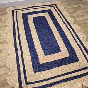 Scalloped Jute Rug with Navy Blue Border | Hand Braided Natural Fiber Area Rug | Boho Coastal Farmhouse Living Room Rug | Custom Size