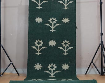 Kilim Runner Rug - Green Floral Geometric Southwestern, Handmade Wool Jute Runner, Bohemian Hallway Runner, Vintage Entryway Bedside Rugs