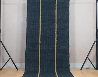 Kilim Runner Rug - Handwoven Navy Blue Kilim Striped Rustic Hallway, Wool Jute Solid Modern Scandinavian Entryway Outdoor Indoor Bedside Rug