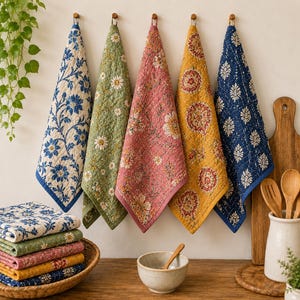 May include: Five quilted kitchen towels hanging in a row, featuring floral and geometric patterns in blue, green, pink, and yellow. A matching stack of folded towels sits in a woven basket, alongside a ceramic bowl and wooden utensils.