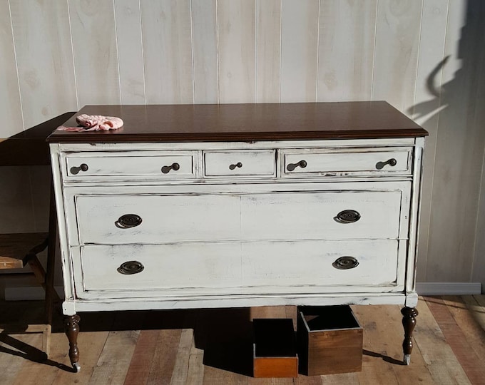 Handpainted Furniture PICK UP ONLY Vintage French Shabby Chic Dresser. Distressed white, stained top, bureau - Handpainted Furniture