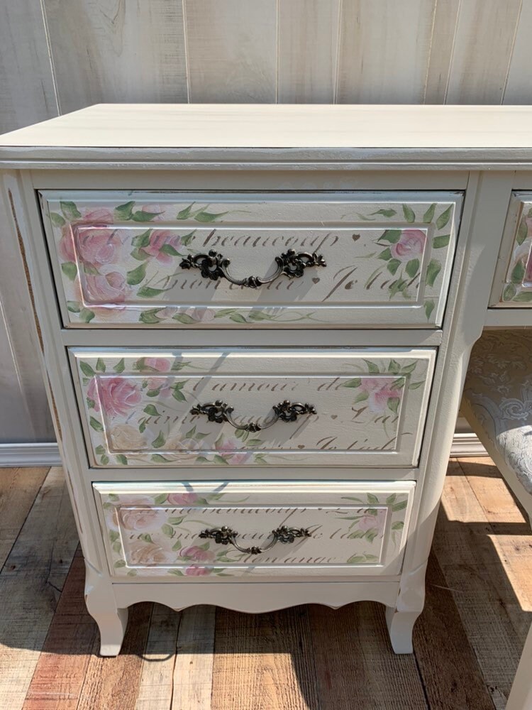 Vintage French Shabby Chic Desk And Chair Set Distressed