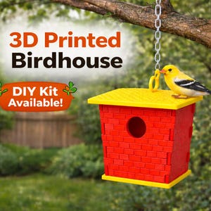 May include: A 3D-printed birdhouse with a red brick-like design and a yellow roof. The birdhouse is hanging from a chain and has a round opening. A small yellow bird with black and white markings is perched on top. Text on the image reads "3D Printed Birdhouse" and "DIY Kit Available!"
