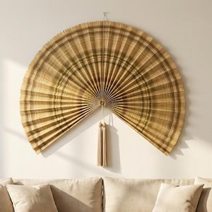 Handgefertigter Bambuswandfächer, Boho Webdekor, natürliche Rattankunst