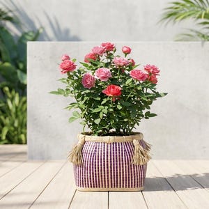 Può includere: Una pianta di rose in vaso con fiori rosa e rossi vibranti. La pianta è in un cestino decorativo con un motivo a righe viola e bianche e dettagli con nappe. Lo sfondo presenta una vegetazione lussureggiante e un muro di cemento.