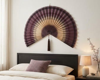 Grote bamboe wandventilator, boho wanddecoratie, Japandi woonkunst