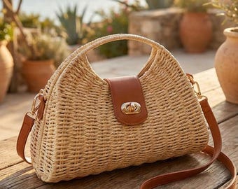 Handgeweven stroschoudertas, boho-strandtasje voor de zomer