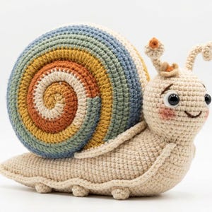 May include: A crocheted snail toy with a spiral shell in shades of blue, green, orange, and beige. The snail's body is beige, with a smiling face, rosy cheeks, and large black eyes. The snail has two small antennae.