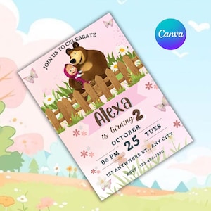 Könnte beinhalten: Eine rosa Geburtstagseinladung mit einem Cartoon-Bären und einem Mädchen. Die Einladung enthält den Text "Alexa wird 2" und Veranstaltungsdetails: 25. Oktober, 20 Uhr und eine RSVP-Nummer. Dekorative Elemente sind Schmetterlinge und Blumen.