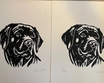 Dog Portrait “Best Friend” Linocut Print: Handmade Linocut Print Art