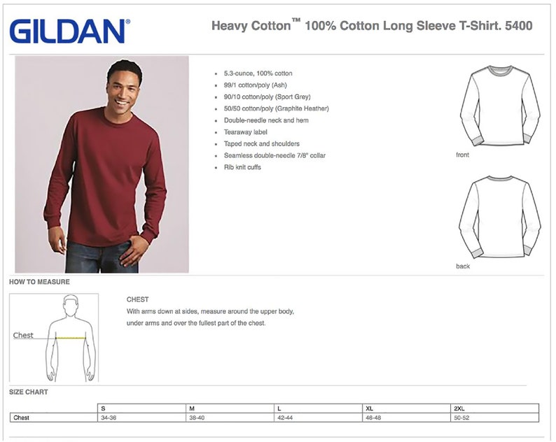 May include: A size chart for a long-sleeved t-shirt made from 100% cotton. The chart shows the chest measurements for sizes S, M, L, XL, and 2XL. The shirt is available in a range of colours, including ash, sport grey, and graphite heather. The shirt features a double-needle neck and hem, a tearaway label, taped neck and shoulders, a seamless double-needle 7/8" collar, and rib knit cuffs.
