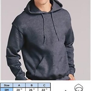 May include: A size chart for a hooded sweatshirt, showing measurements for width, height, and sleeve length in inches. The chart includes sizes from small to 5XL.