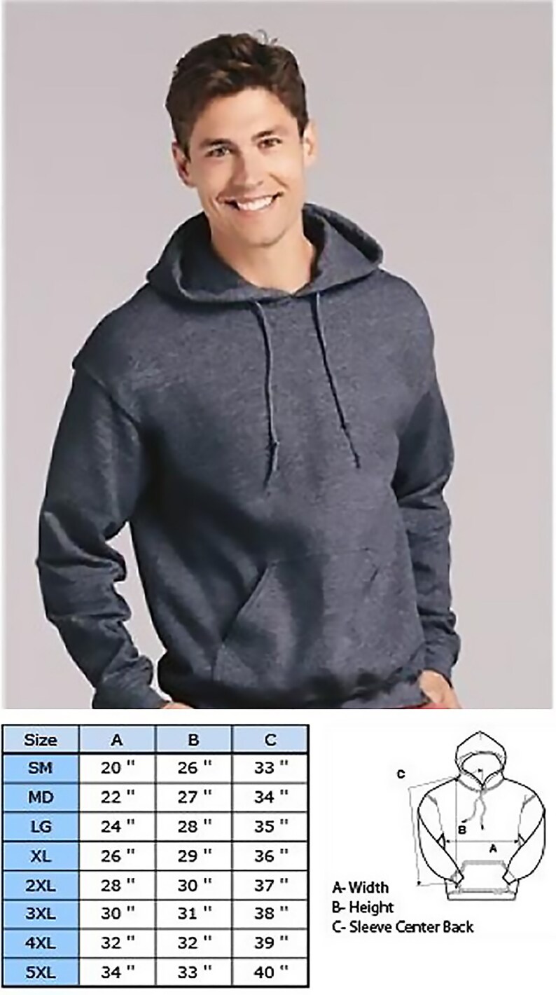 May include: A size chart for a hooded sweatshirt, showing measurements for width, height, and sleeve length in inches. The chart includes sizes from small to 5XL.