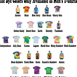 May include: A collection of tie-dye t-shirts in various colours and patterns, including Aurora, Blaze, Blue Jerry, Blue Ocean, Cherry Cola, Cotton Candy, Desert Rose, Earth, Eternity, Flashback, Independence, Jelly Bean, Karma, Lagoon, Mardi Gras, Minty Rainbow, Multi Rainbow, Neon Rainbow, Pastel Neon, Rasta, Reactive Rainbow, Saturn, Snow Cone, Sunflower, Union Jack, Wild Spider, and Zen Rainbow.