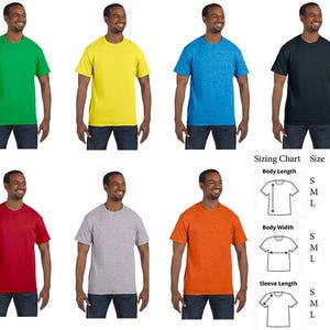May include: Sizing chart for t-shirts in sizes S, M, and L. The chart shows the body length, body width, and sleeve length in inches.