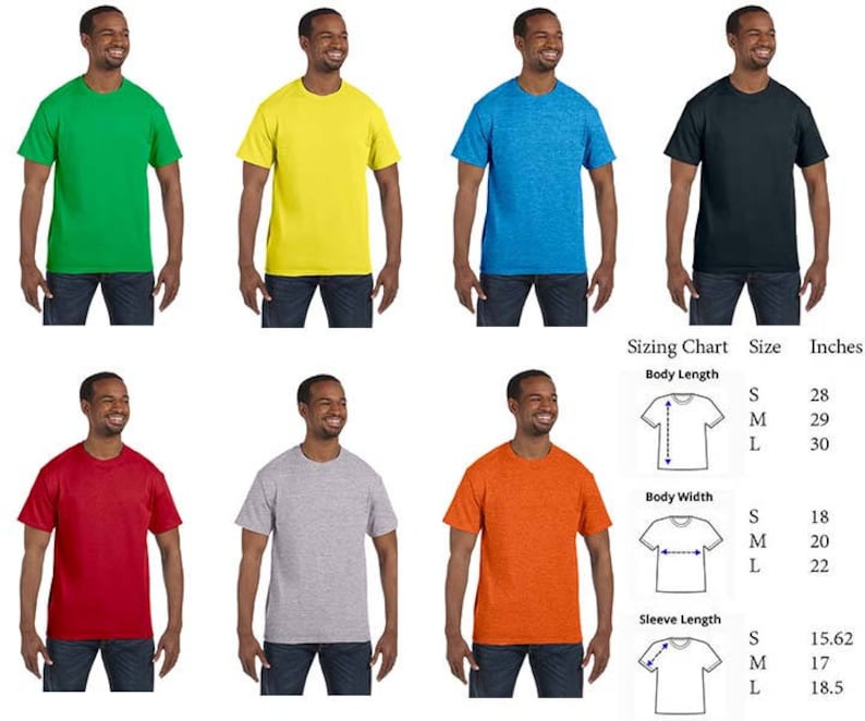 May include: Sizing chart for t-shirts in sizes S, M, and L. The chart shows the body length, body width, and sleeve length in inches.