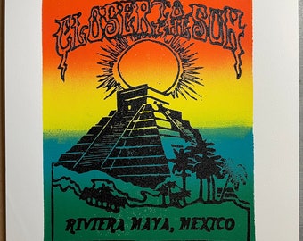 Closer to the Sun Linocut Block Print V1 - Orange Sky