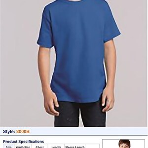 May include: A size chart for a youth t-shirt, showing the chest, length, and sleeve length for sizes XS to L. The chart is labelled "Product Specifications" and includes the text "Gildan Youth Gildan DryBlend T-Shirt (p. 277)".