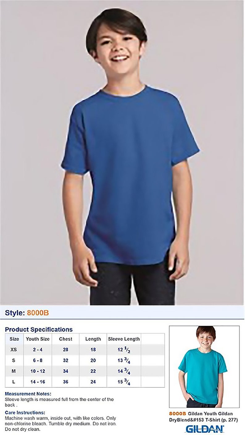 May include: A size chart for a youth t-shirt, showing the chest, length, and sleeve length for sizes XS to L. The chart is labelled "Product Specifications" and includes the text "Gildan Youth Gildan DryBlend T-Shirt (p. 277)".