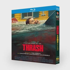 May include: Blu-ray disc for the film "Thrash". The cover shows a woman in water with a shark fin, a stop sign, and a yellow house. The title "Thrash" is in red, with the tagline "If the flood doesn't kill you..."