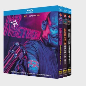 May include: Blu-ray box set for the FX series "Mr Inbetween". The cover art features a man holding a gun, with neon text. The set includes three seasons, with Japanese text on the spines. The set is in 1080 resolution.
