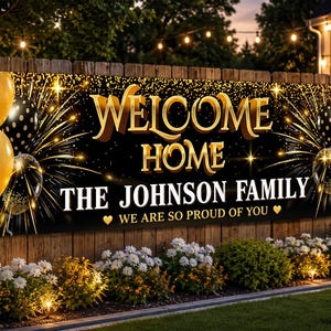 Personalized Welcome Home Banner, Custom Family Name Banner, Welcome Back Party Decoration, Black Gold Homecoming Sign