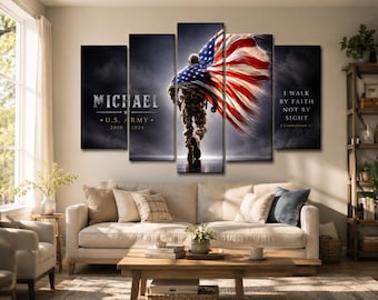 May include: A five-panel wall art set featuring a soldier in camouflage walking away while draped in a large American flag. The left panel displays the name MICHAEL, U.S. ARMY, and 2010-2024. The right panel reads I WALK BY FAITH NOT BY SIGHT.