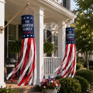 Personalized Patriotic Windsock, Custom Family Name American Flag Wind Sock, 4th of July Porch Decor, Patriotic Outdoor Garden Decor Gift
