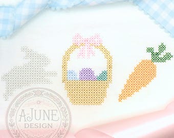 イースターバニー、バスケット、ニンジンのクロスステッチ｜イースター刺繍デザイン（デジタルダウンロード）