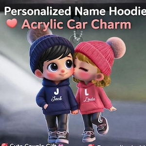 Personalized Name Hoodie Couple 2D Acrylic Car Backpack Hanger | Cute Custom Cartoon Charm, Romantic Gift for Him Her long-distance partners