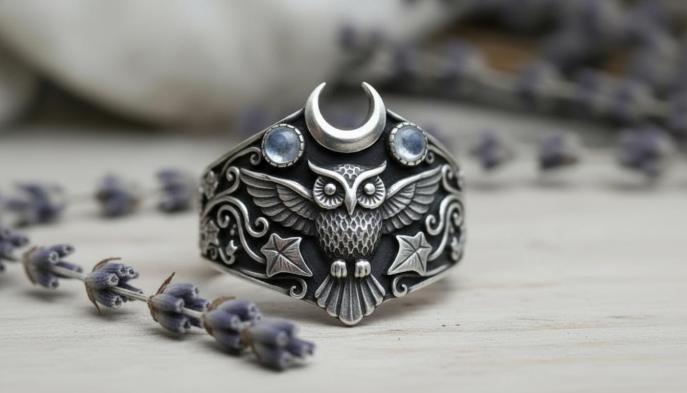 Sterling Silver Owl Moonstone Ring | Gothic Celestial Boho Band