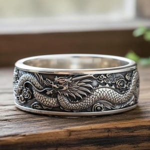 Oxidierter Sterling Silber Drachen Ring | Breites Band, Gothic Schmuck