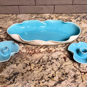 1940s Haldeman Caliente #204 Blue/White Console Bowl & Candle Holders Set