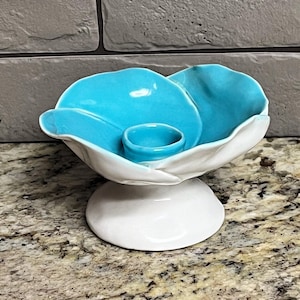 MCM La Canada Studio Pottery Turquoise Blue & White Candlestick Holder