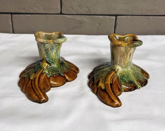 Pair (2) Anna Van Briggle Studio Art Pottery Brown Drip Glaze Leaf Candle Holders
