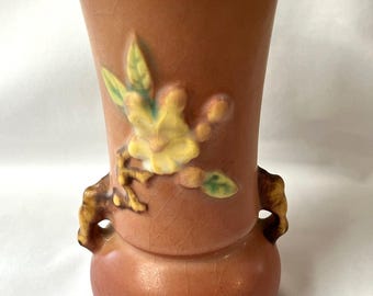 1940's MCM Roseville Pottery Pink Apple Blossom Ceramic Vase #381-6