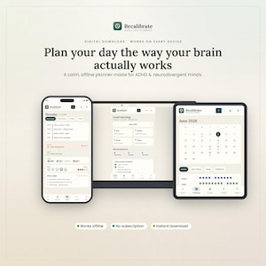 May include: A digital planner interface displayed on a smartphone, tablet, and laptop screen. The layout features a light beige background with dark green text, including the title Recalibrate ADHD Life Planner and a calendar view for June 2026. The interface includes task lists, daily reminders, and habit trackers.