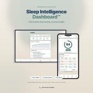 以下が含まれることがあります： タブレットとスマートフォンに表示されたSleep Intelligence Dashboardウェブアプリのインターフェース。画面には、睡眠スコア84、就寝前の記録、分析エンジンデータなど、臨床グレードの睡眠追跡、スコアリング、および洞察が表示されています。