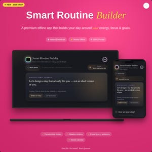 Könnte beinhalten: Digitale Darstellung der App "Smart Routine Builder" auf einem Tablet und Smartphone. Die App-Oberfläche ist dunkel mit weißem Text, vor einem leuchtend rosa Hintergrund. Enthält Produktivitätsmodi und adaptive Routinen.
