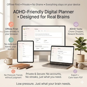 Puede incluir: Imagen de un planificador digital diseñado para cerebros reales, con el texto "ADHD-Friendly Digital Planner". La imagen presenta una computadora de escritorio, una tableta y una computadora portátil que muestran la interfaz del planificador, junto con un cuaderno, un bolígrafo y auriculares.