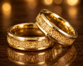 18K gouden wolfraamring 6 mm, bladgoud herentrouwring, antieke geelgouden trouwring, alternatieve verlovingsring voor hem